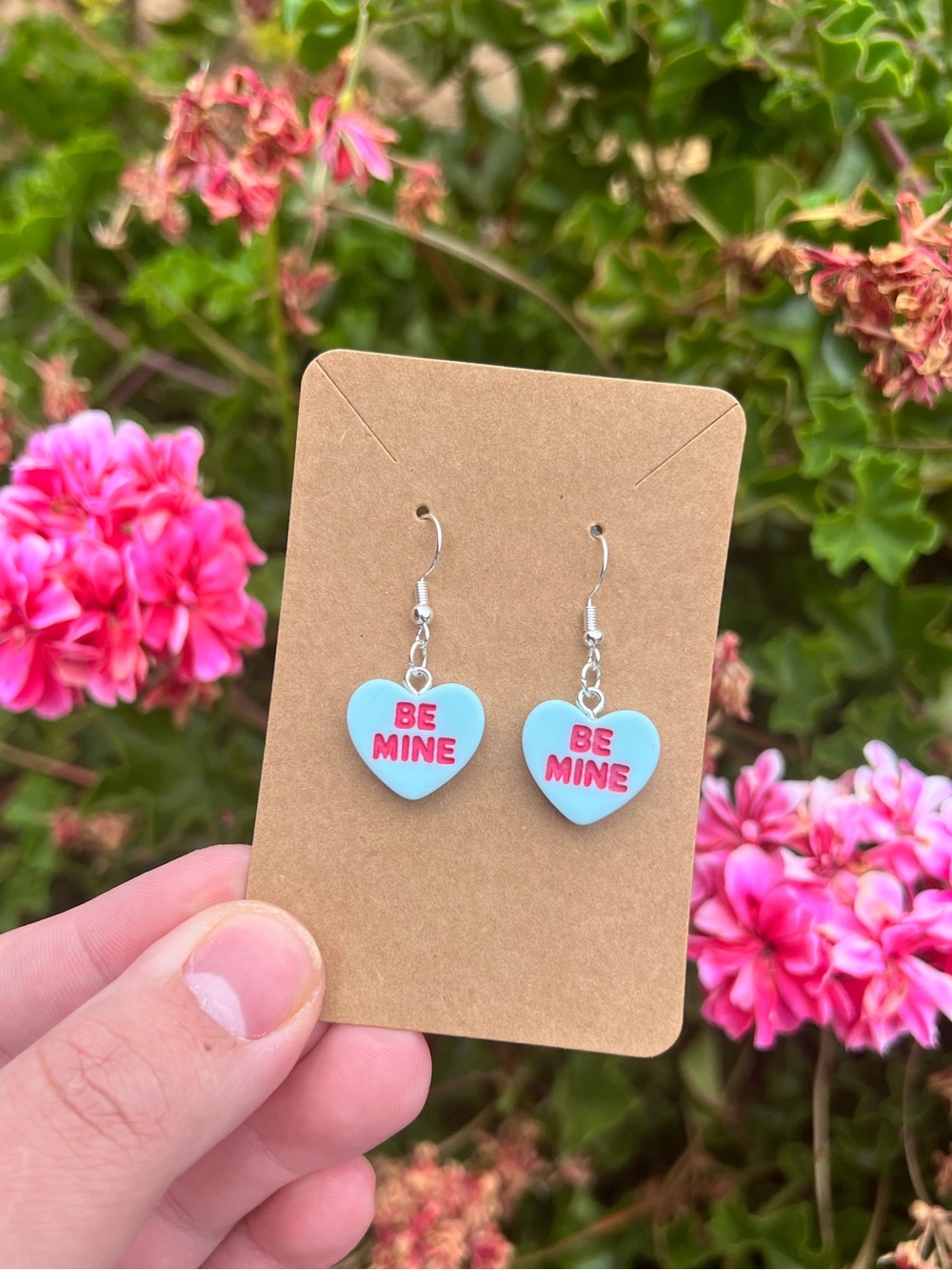 BLUE BE MINE CONVERSATION HEART DANGLE EARRINGS